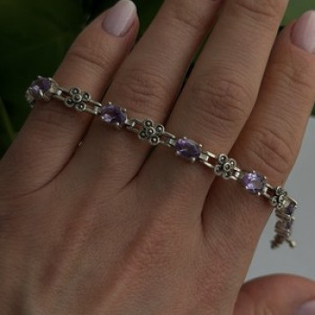 FAS 925 Sterling Silver Amethyst & Marcasite Flower Bracelet 7