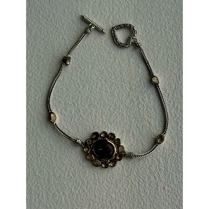 Antique Djoy 925 Sterling Silver Ruby & Beryl Flower Heart Bracelet 7