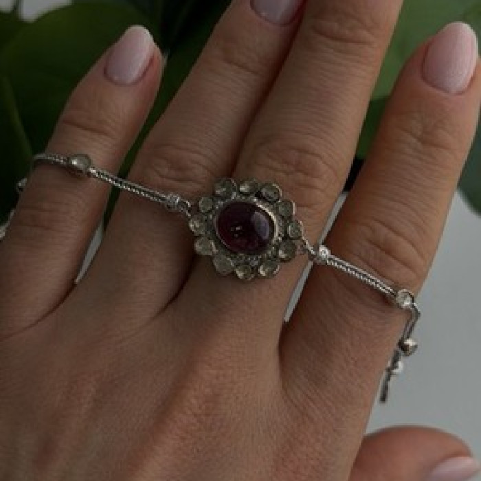 Antique Djoy 925 Sterling Silver Ruby & Beryl Flower Heart Bracelet 7