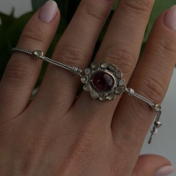 Antique Djoy 925 Sterling Silver Ruby & Beryl Flower Heart Bracelet 7
