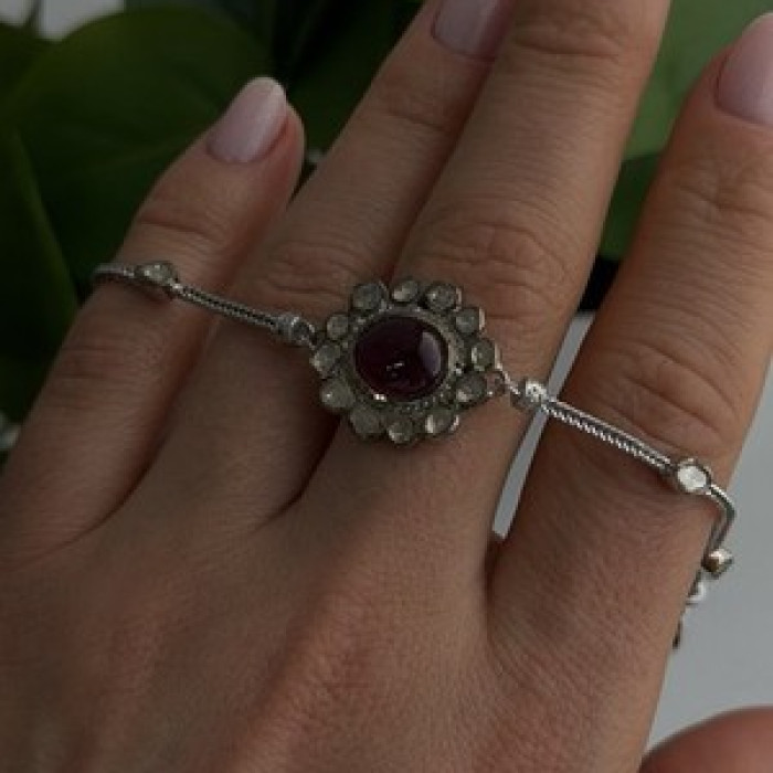 Antique Djoy 925 Sterling Silver Ruby & Beryl Flower Heart Bracelet 7