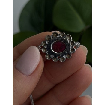 Antique Djoy 925 Sterling Silver Ruby & Beryl Flower Heart Bracelet 7