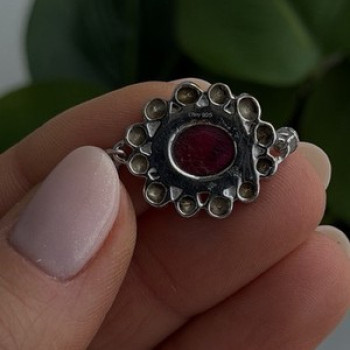 Antique Djoy 925 Sterling Silver Ruby & Beryl Flower Heart Bracelet 7