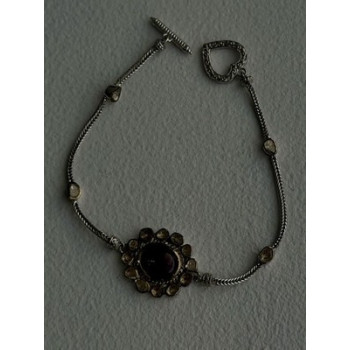 Antique Djoy 925 Sterling Silver Ruby & Beryl Flower Heart Bracelet 7