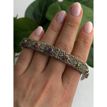 Vintage 925 Sterling Silver Multi Color Tourmaline & Marcasite Bracelet 7