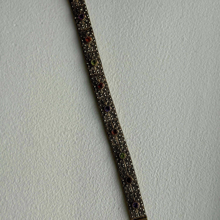 Vintage 925 Sterling Silver Multi Color Tourmaline & Marcasite Bracelet 7