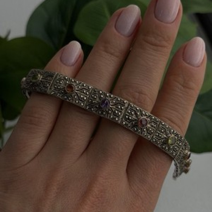Vintage 925 Sterling Silver Multi Color Tourmaline & Marcasite Bracelet 7