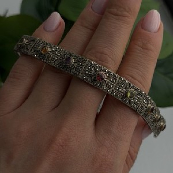 Vintage 925 Sterling Silver Multi Color Tourmaline & Marcasite Bracelet 7