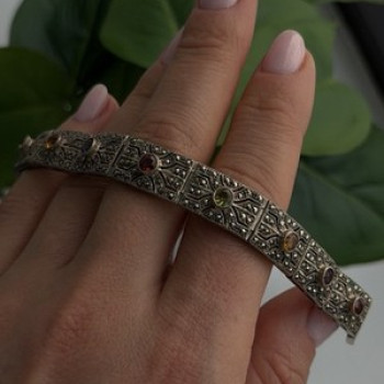 Vintage 925 Sterling Silver Multi Color Tourmaline & Marcasite Bracelet 7