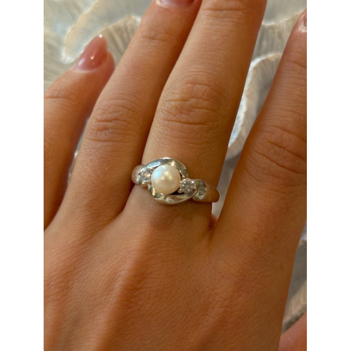 925 Sterling Silver Pearl & Cz Ring Size 8.5
