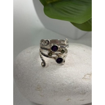 925 Sterling Silver Amethyst & Peridot Ring Size 9.5