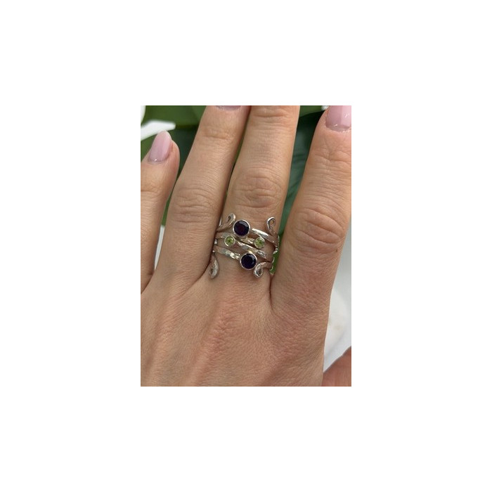 925 Sterling Silver Amethyst & Peridot Ring Size 9.5