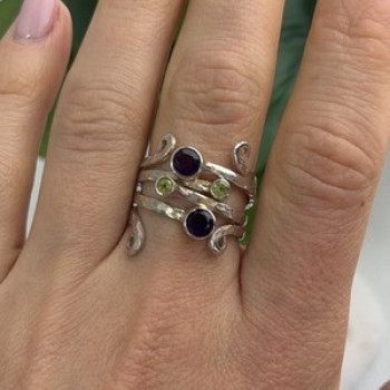 925 Sterling Silver Amethyst & Peridot Ring Size 9.5