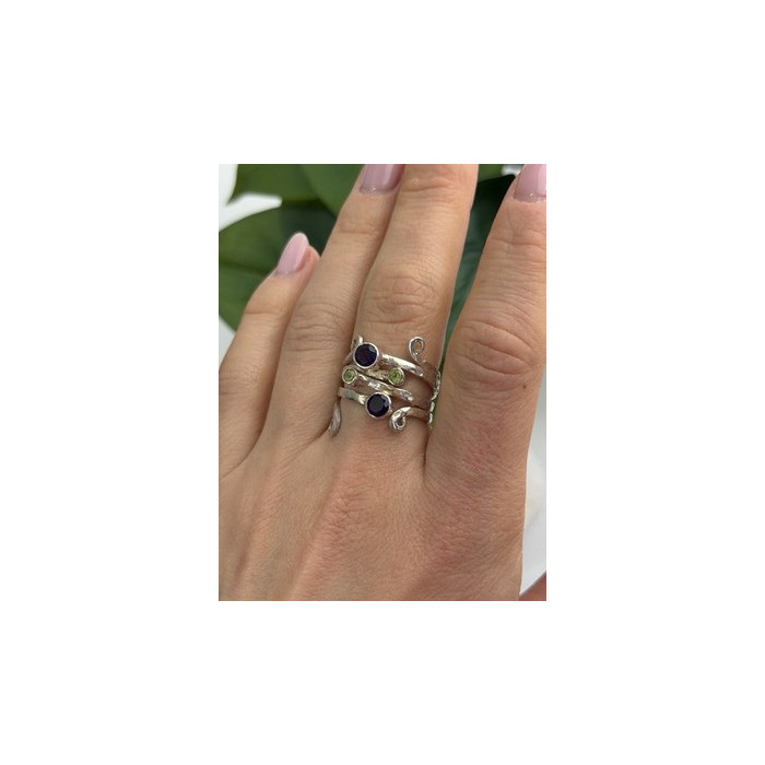 925 Sterling Silver Amethyst & Peridot Ring Size 9.5