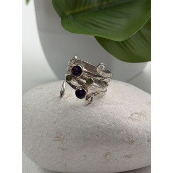 925 Sterling Silver Amethyst & Peridot Ring Size 9.5