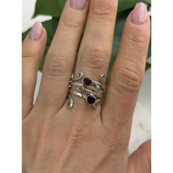 925 Sterling Silver Amethyst & Peridot Ring Size 9.5