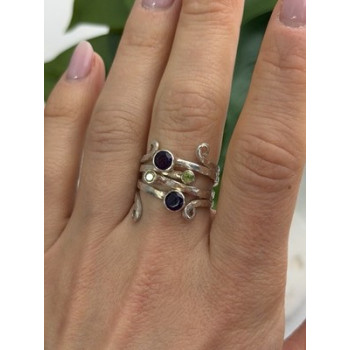 925 Sterling Silver Amethyst & Peridot Ring Size 9.5