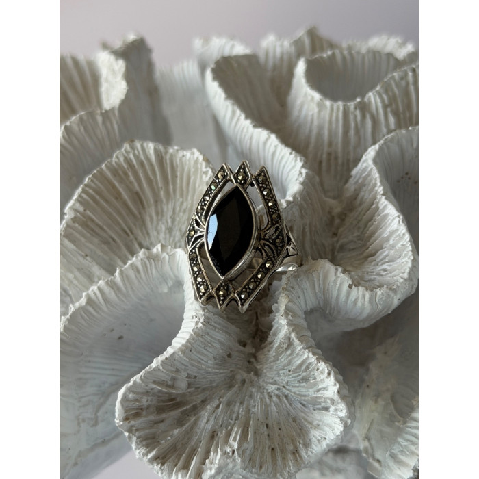 Vintage 925 Sterling Silver Onyx & Marcasite Ring Size 10