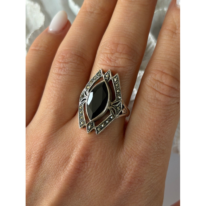 Vintage 925 Sterling Silver Onyx & Marcasite Ring Size 10