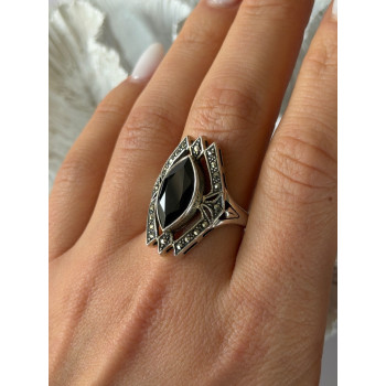 Vintage 925 Sterling Silver Onyx & Marcasite Ring Size 10