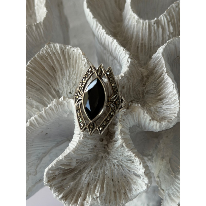 Vintage 925 Sterling Silver Onyx & Marcasite Ring Size 10