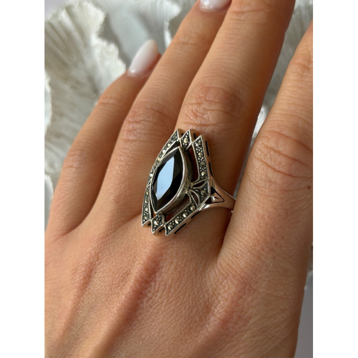 Vintage 925 Sterling Silver Onyx & Marcasite Ring Size 10