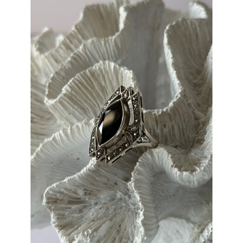 Vintage 925 Sterling Silver Onyx & Marcasite Ring Size 10