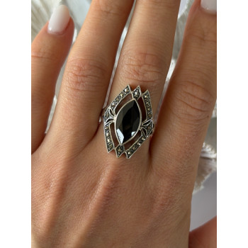 Vintage 925 Sterling Silver Onyx & Marcasite Ring Size 10