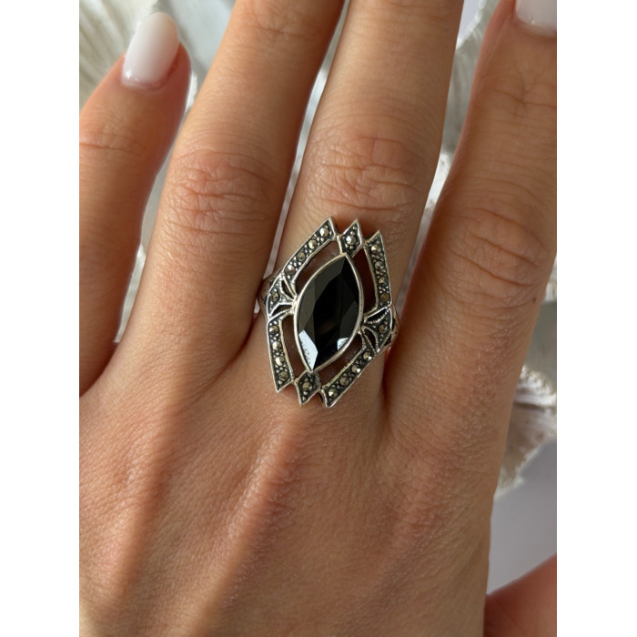 Vintage 925 Sterling Silver Onyx & Marcasite Ring Size 10
