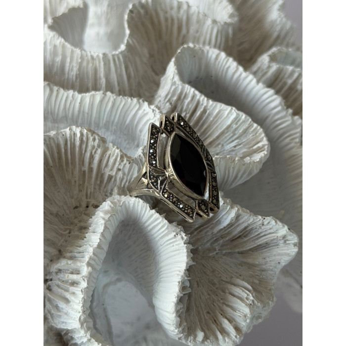 Vintage 925 Sterling Silver Onyx & Marcasite Ring Size 10