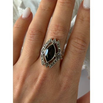 Vintage 925 Sterling Silver Onyx & Marcasite Ring Size 10