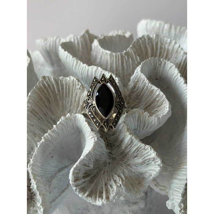 Vintage 925 Sterling Silver Onyx & Marcasite Ring Size 10