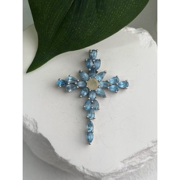 925 Sterling Silver Blue Topaz & Opal Pendant Cross