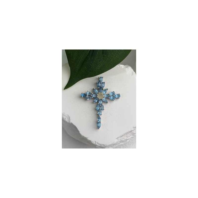 925 Sterling Silver Blue Topaz & Opal Pendant Cross