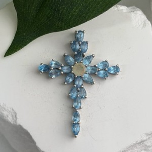 925 Sterling Silver Blue Topaz & Opal Pendant Cross