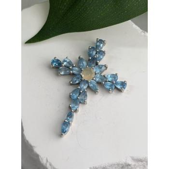 925 Sterling Silver Blue Topaz & Opal Pendant Cross