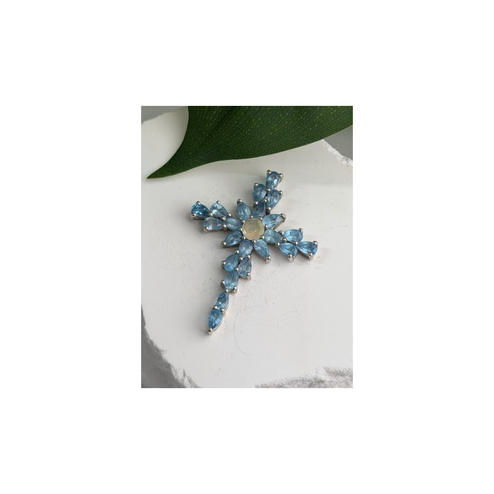 925 Sterling Silver Blue Topaz & Opal Pendant Cross