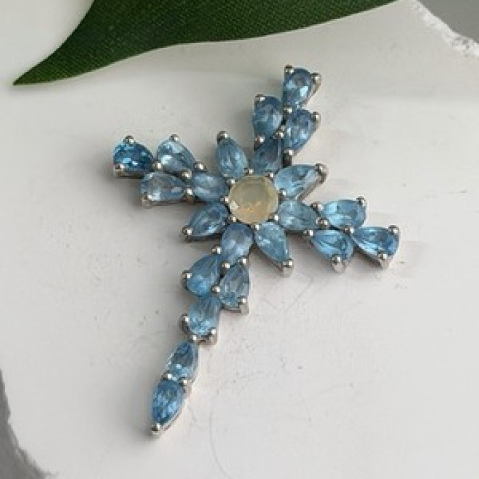 925 Sterling Silver Blue Topaz & Opal Pendant Cross