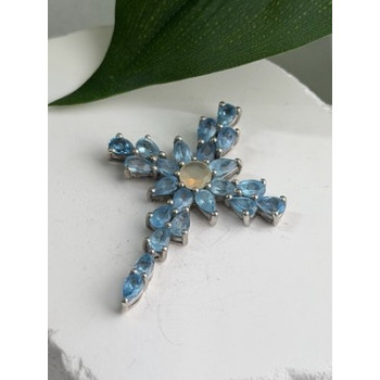 925 Sterling Silver Blue Topaz & Opal Pendant Cross