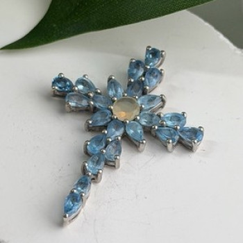 925 Sterling Silver Blue Topaz & Opal Pendant Cross