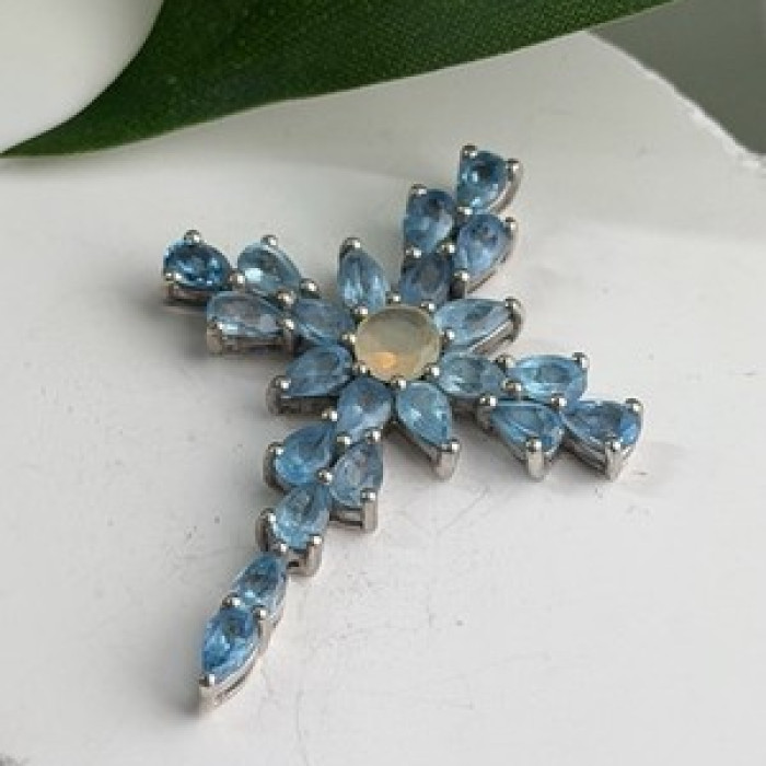 925 Sterling Silver Blue Topaz & Opal Pendant Cross