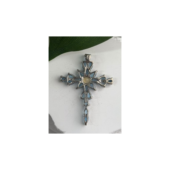 925 Sterling Silver Blue Topaz & Opal Pendant Cross