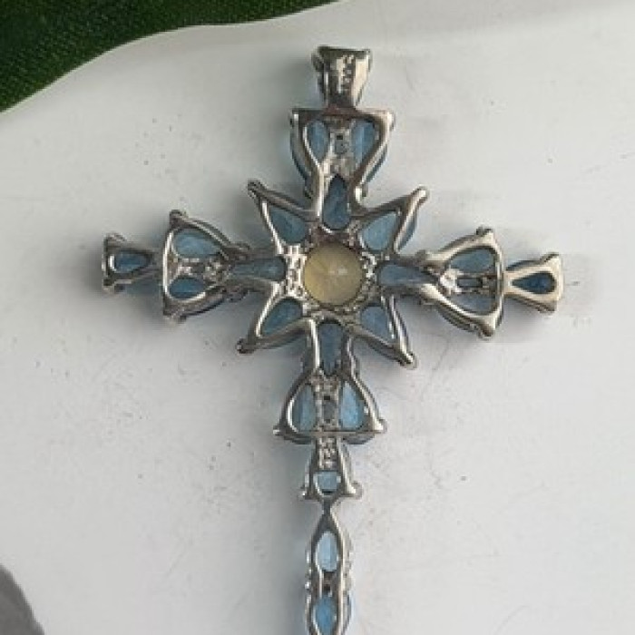 925 Sterling Silver Blue Topaz & Opal Pendant Cross