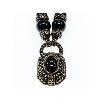 Vintage 925 Sterling Silver Black Jade and Marcasites Necklace