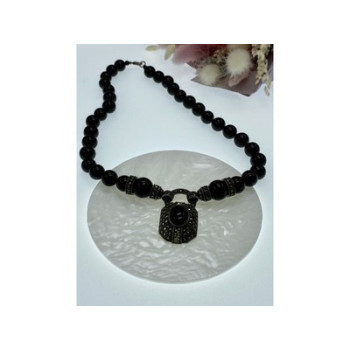 Vintage 925 Sterling Silver Black Jade and Marcasites Necklace