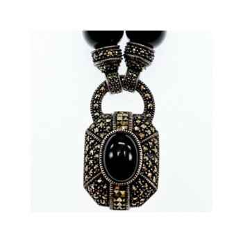 Vintage 925 Sterling Silver Black Jade and Marcasites Necklace