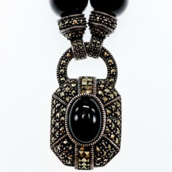 Vintage 925 Sterling Silver Black Jade and Marcasites Necklace