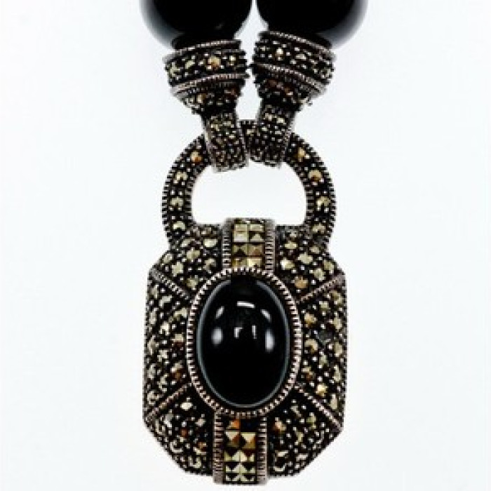 Vintage 925 Sterling Silver Black Jade and Marcasites Necklace