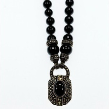 Vintage 925 Sterling Silver Black Jade and Marcasites Necklace