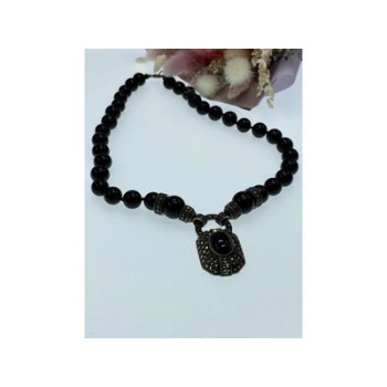 Vintage 925 Sterling Silver Black Jade and Marcasites Necklace